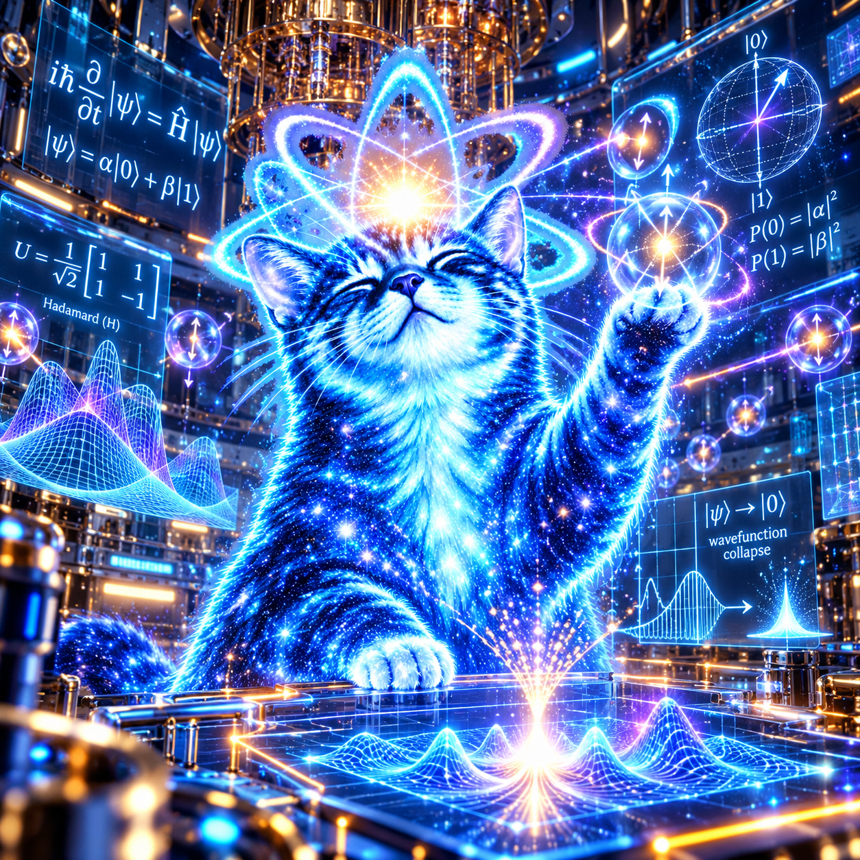 Quantumcate exploring holographic atoms and quantum waves in a futuristic laboratory